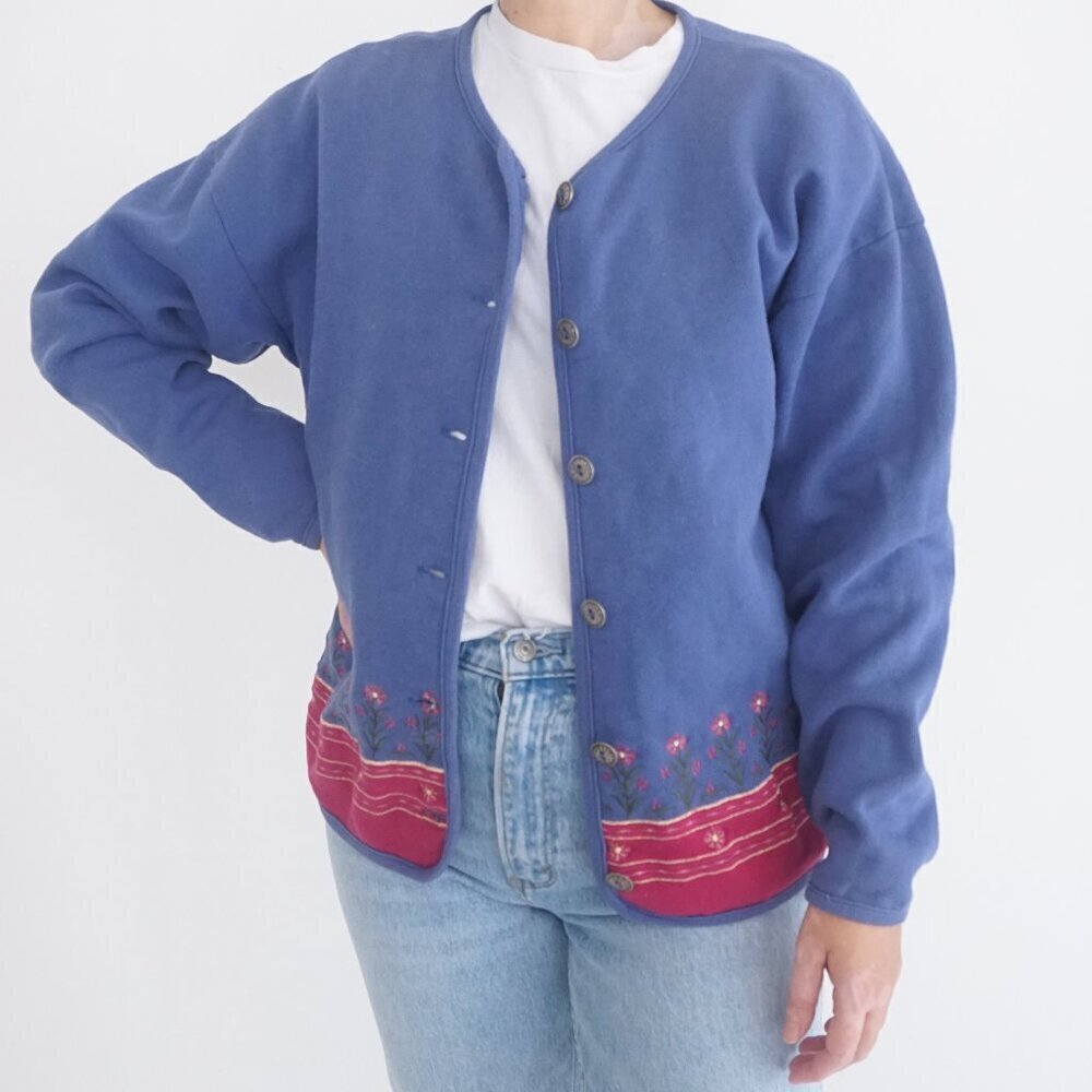 Vtg Northern Reflections Blue Embroidered Floral Button-Up Cardigan Sweater L